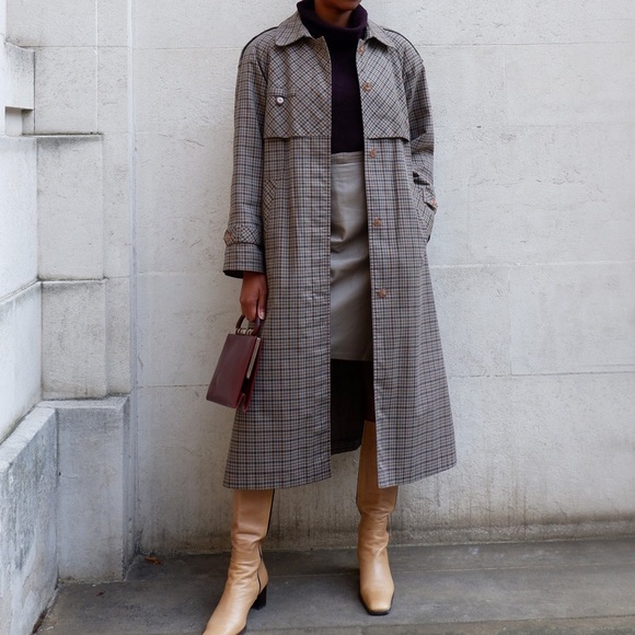 VINTAGE PLAID TRENCH COAT - Picture 1 of 8
